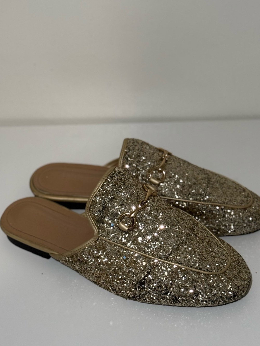 Riveted Gold Glitter Slip-On Mules with Horsebit Detail Size 10 Woman
